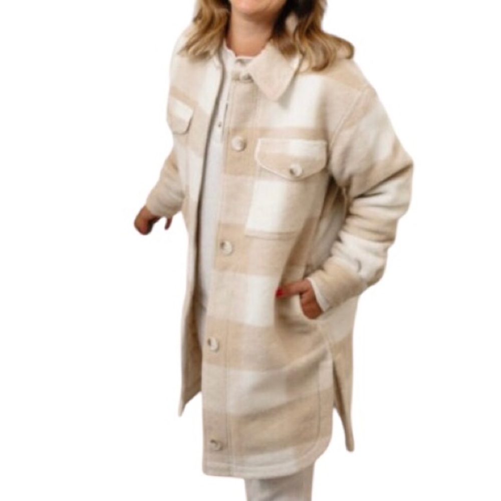 XL Jilly Jillian Harris x Joe Fresh Tan Cream Shacket Tunic Length Plaid - Picture 1 of 13